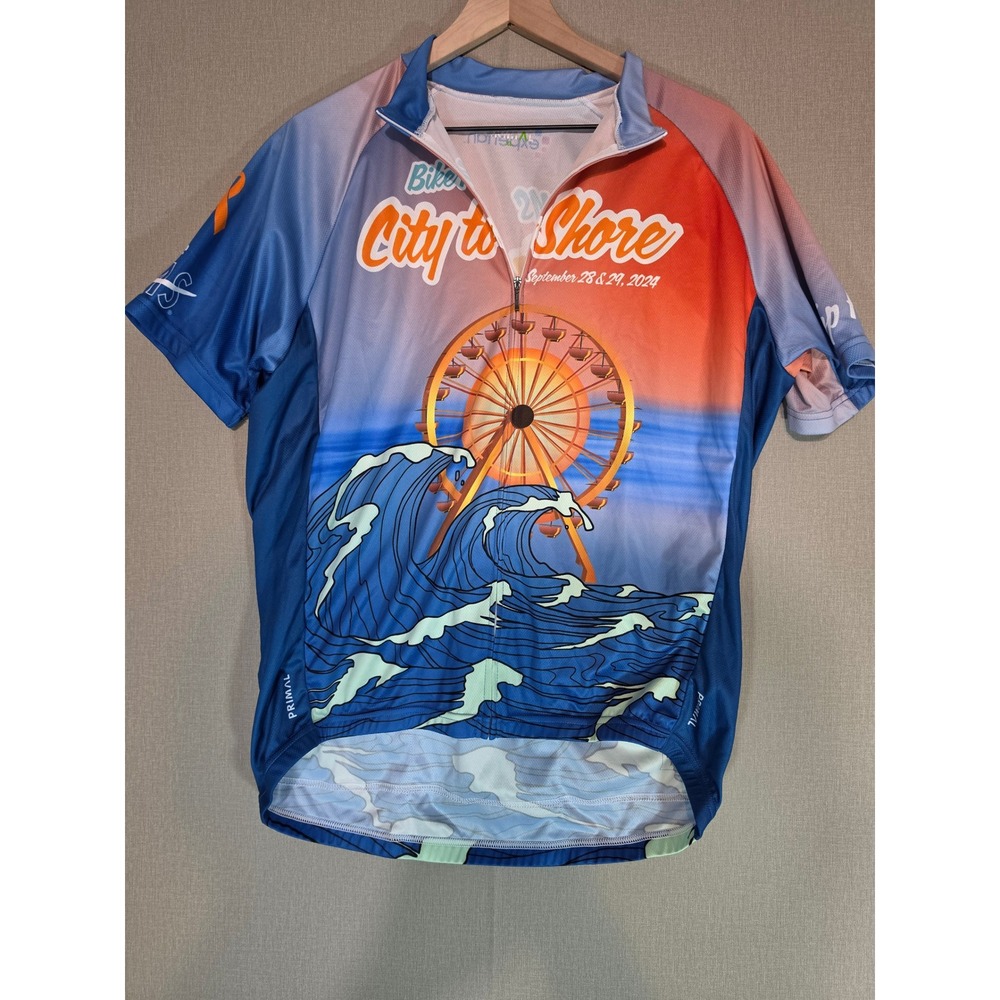 Primal Bike MS City to Shore 2024 Cycling Jersey Blue Orange Ferris Wheel Mens L